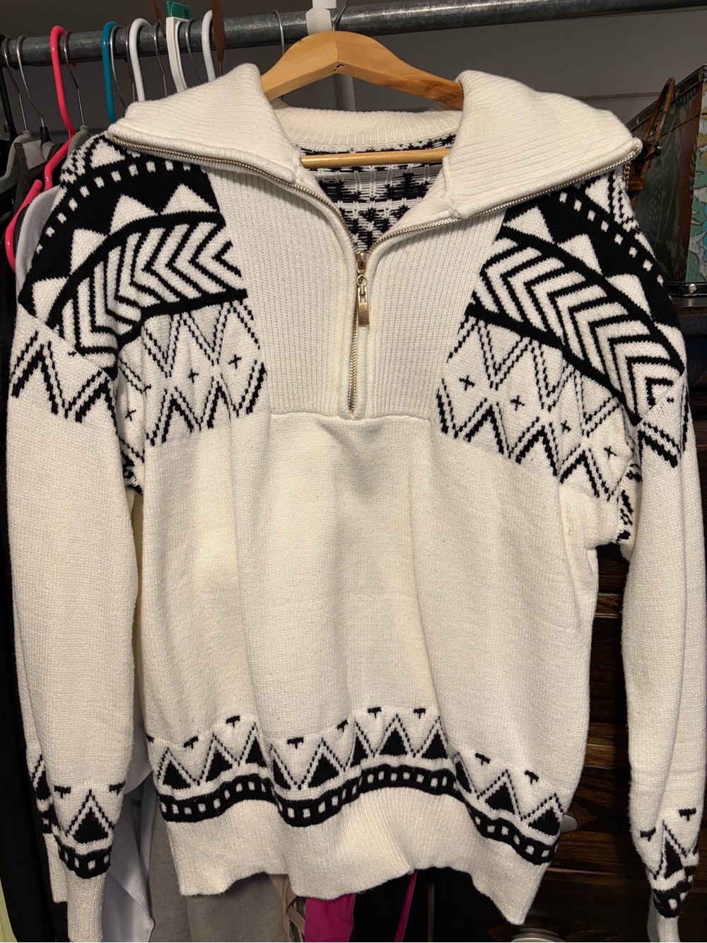 Cream & Black Half-Zip Patterned Women's Sweater